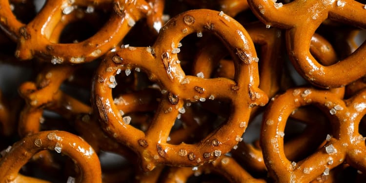 close-up pile of salty pretzels