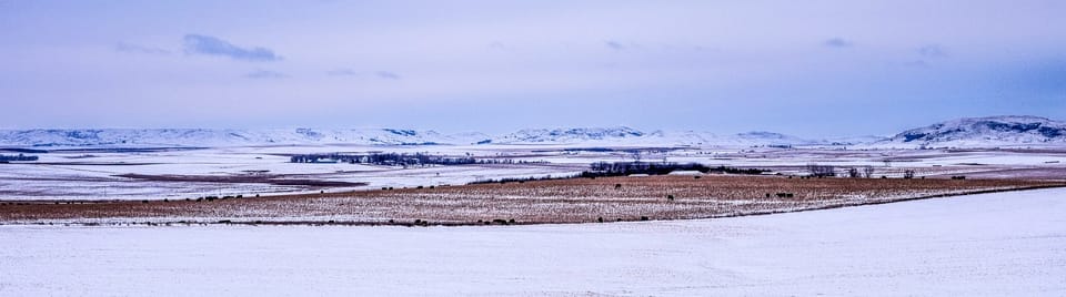 snow covering brown farm fields with mountains in the distance